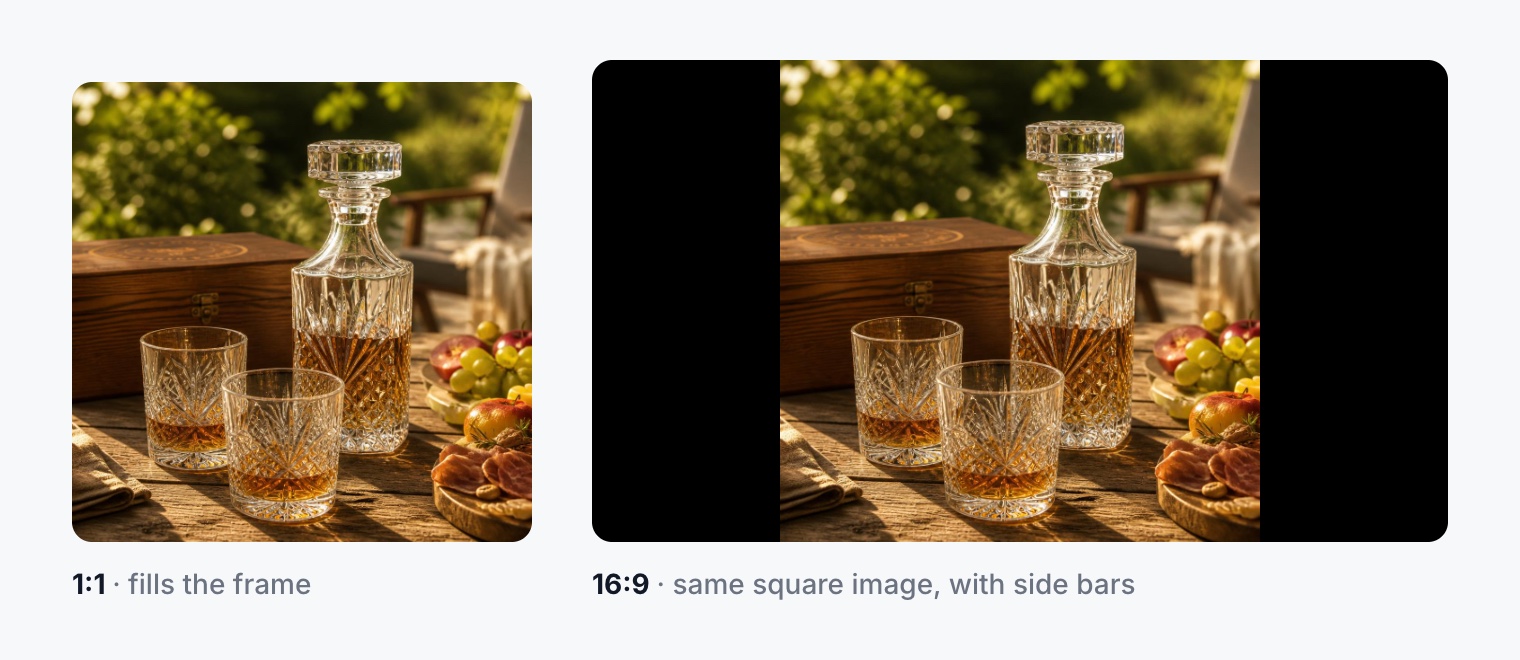 A square 1:1 product photo filling the frame, and the same square photo shown in a 16:9 frame with black side bars