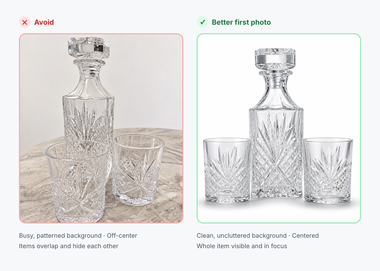 Good vs. bad first photo for an eBay listing: phone photo on a busy, patterned surface compared with a clean, centered product photo