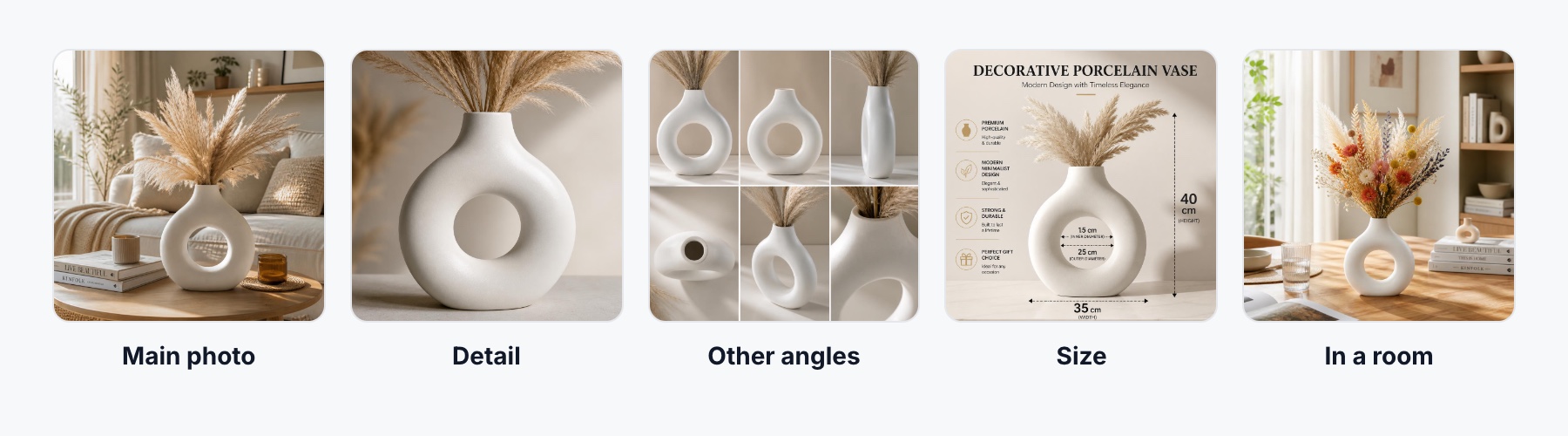 Etsy listing photo set for a porcelain vase: main photo, detail, other angles, size and in a room