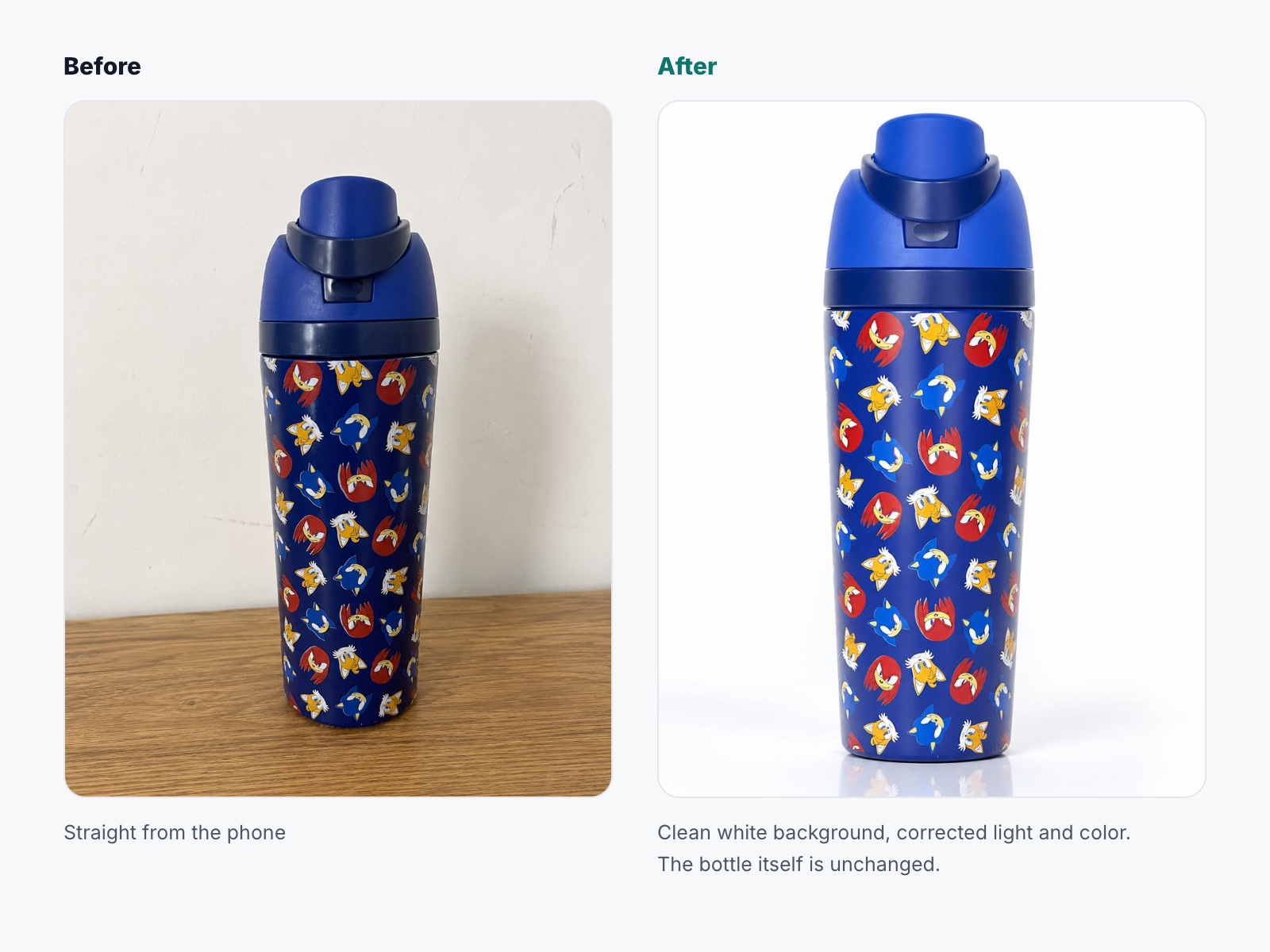A phone photo of a kids' water bottle next to the same bottle on a clean white background with corrected light and color