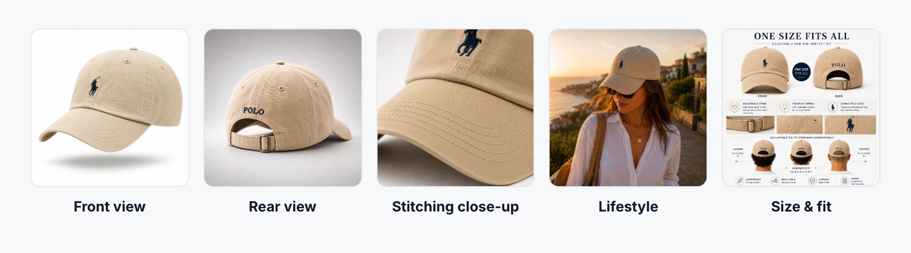 Product gallery for a cotton cap: front view, rear view, stitching close-up, lifestyle and size and fit