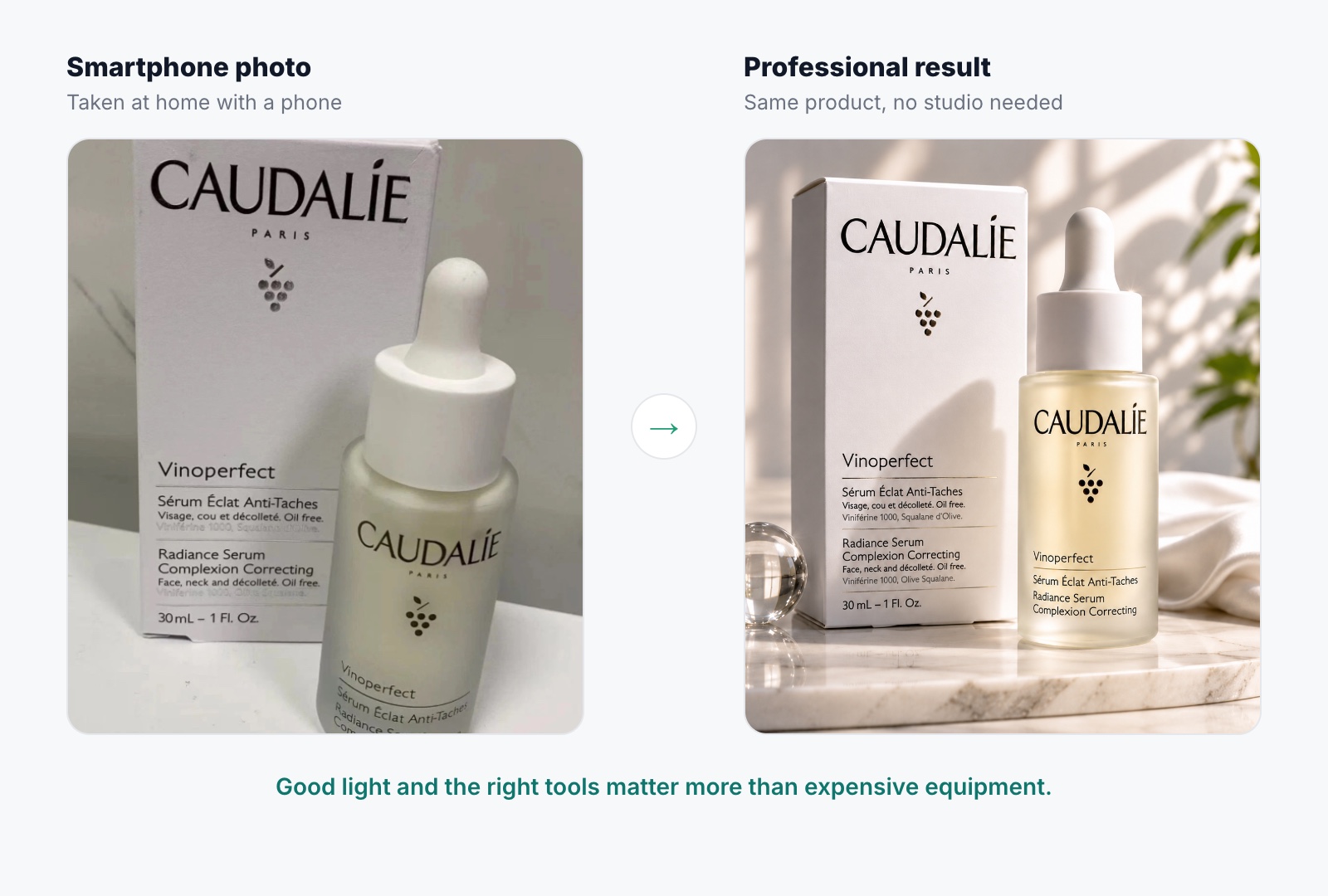 A smartphone photo of a skincare serum taken at home next to a professional-looking image of the same product