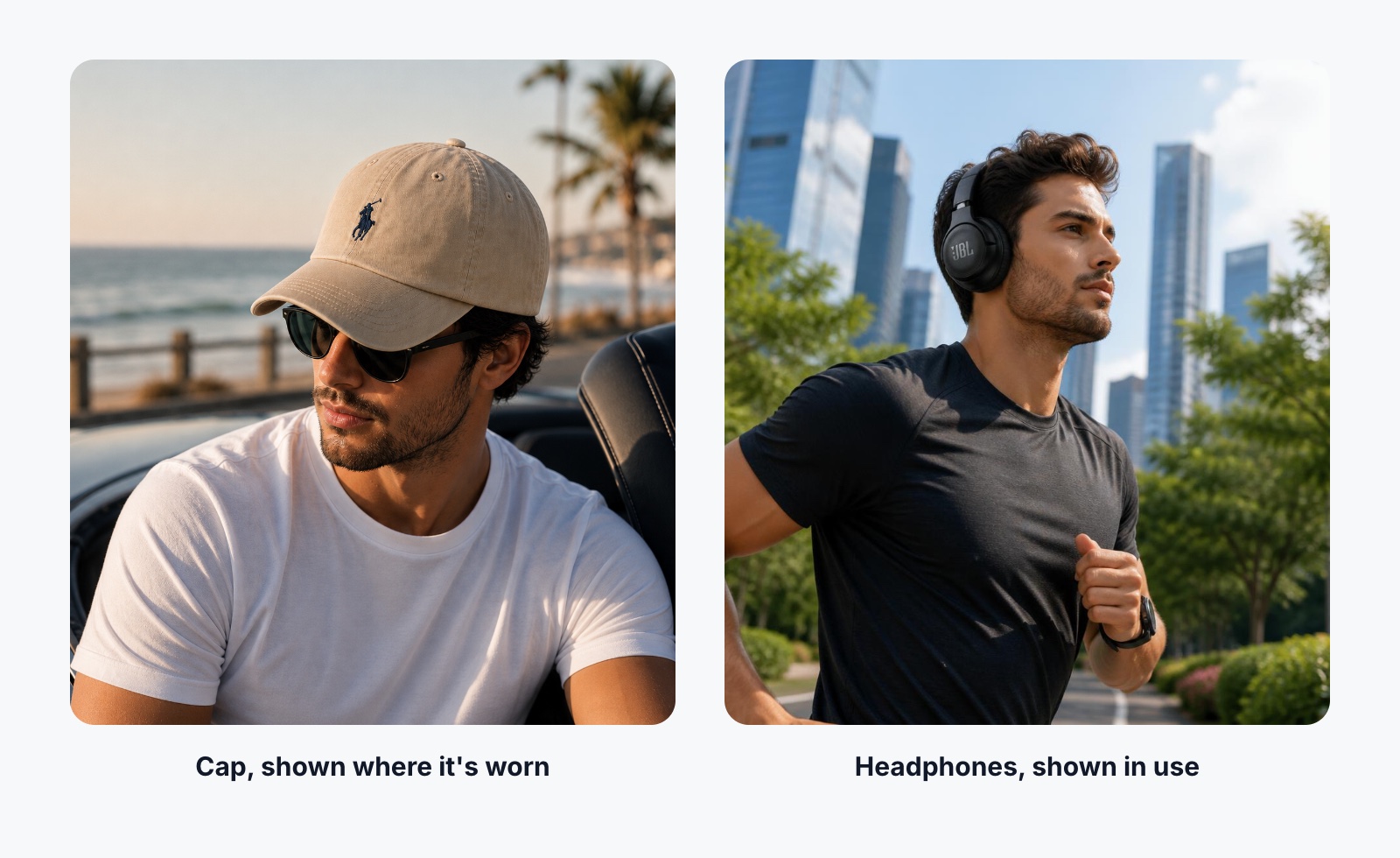 Lifestyle photos: a man wearing a cotton cap by the sea, and a man running in the city wearing wireless headphones
