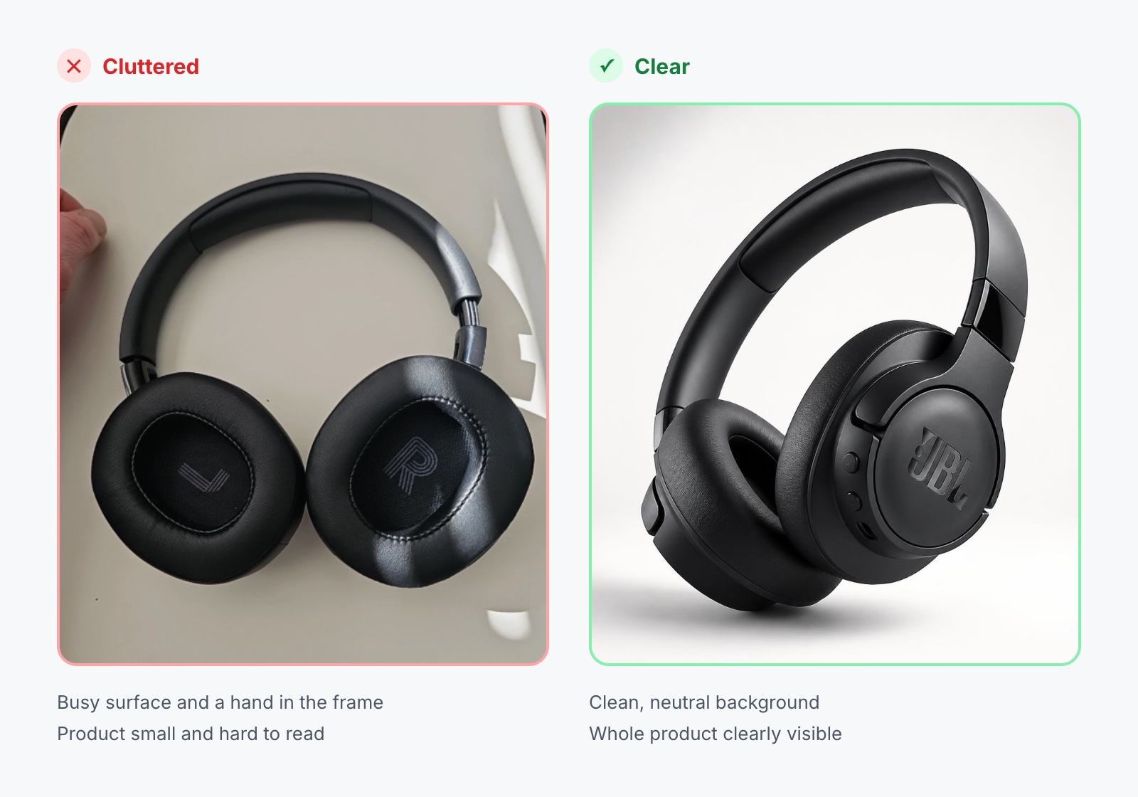 Cluttered phone photo of wireless headphones compared with a clear product photo on a clean, neutral background