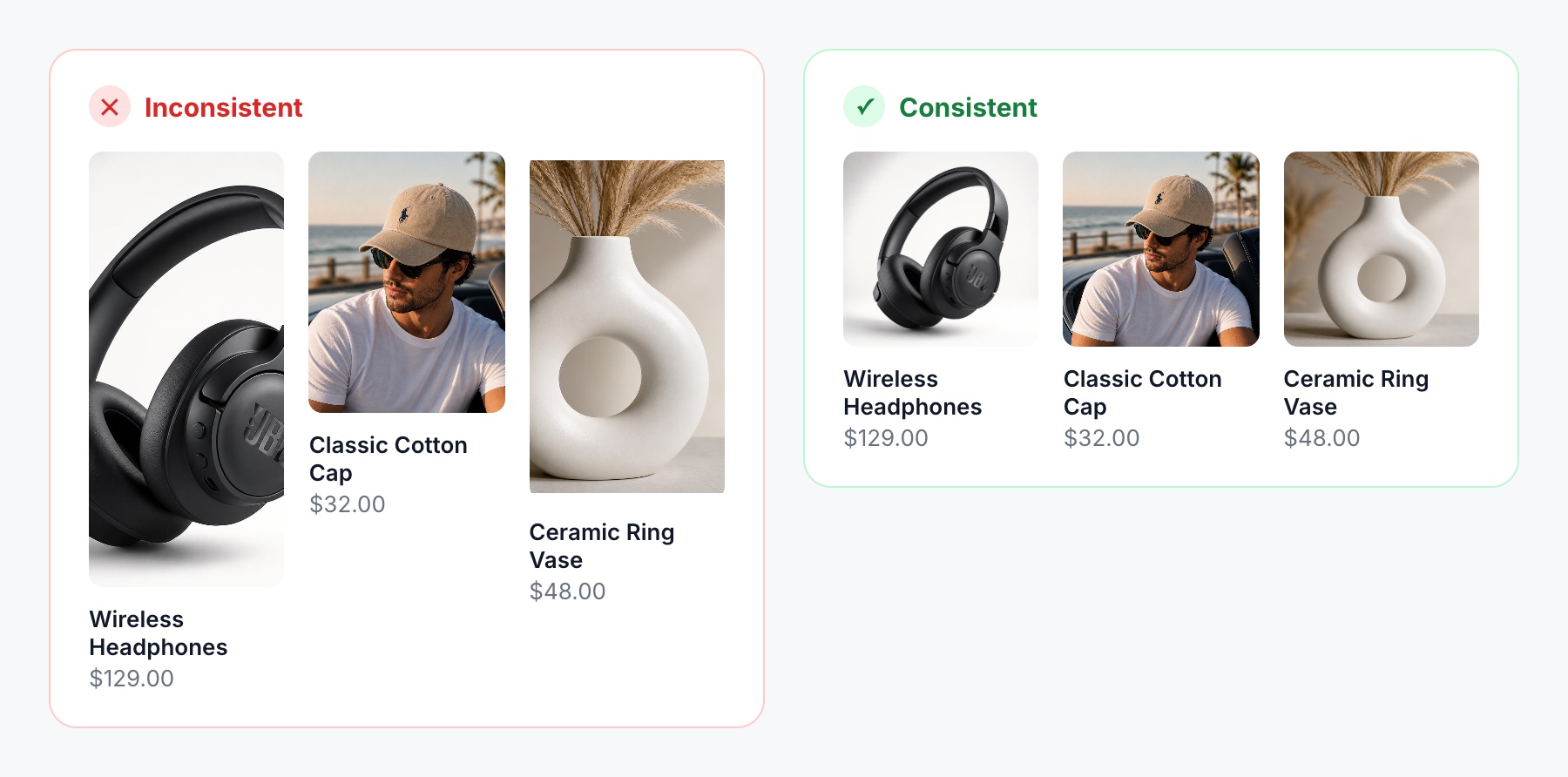 The same three product photos shown with mixed image ratios, and again as uniform square images in a Shopify collection grid