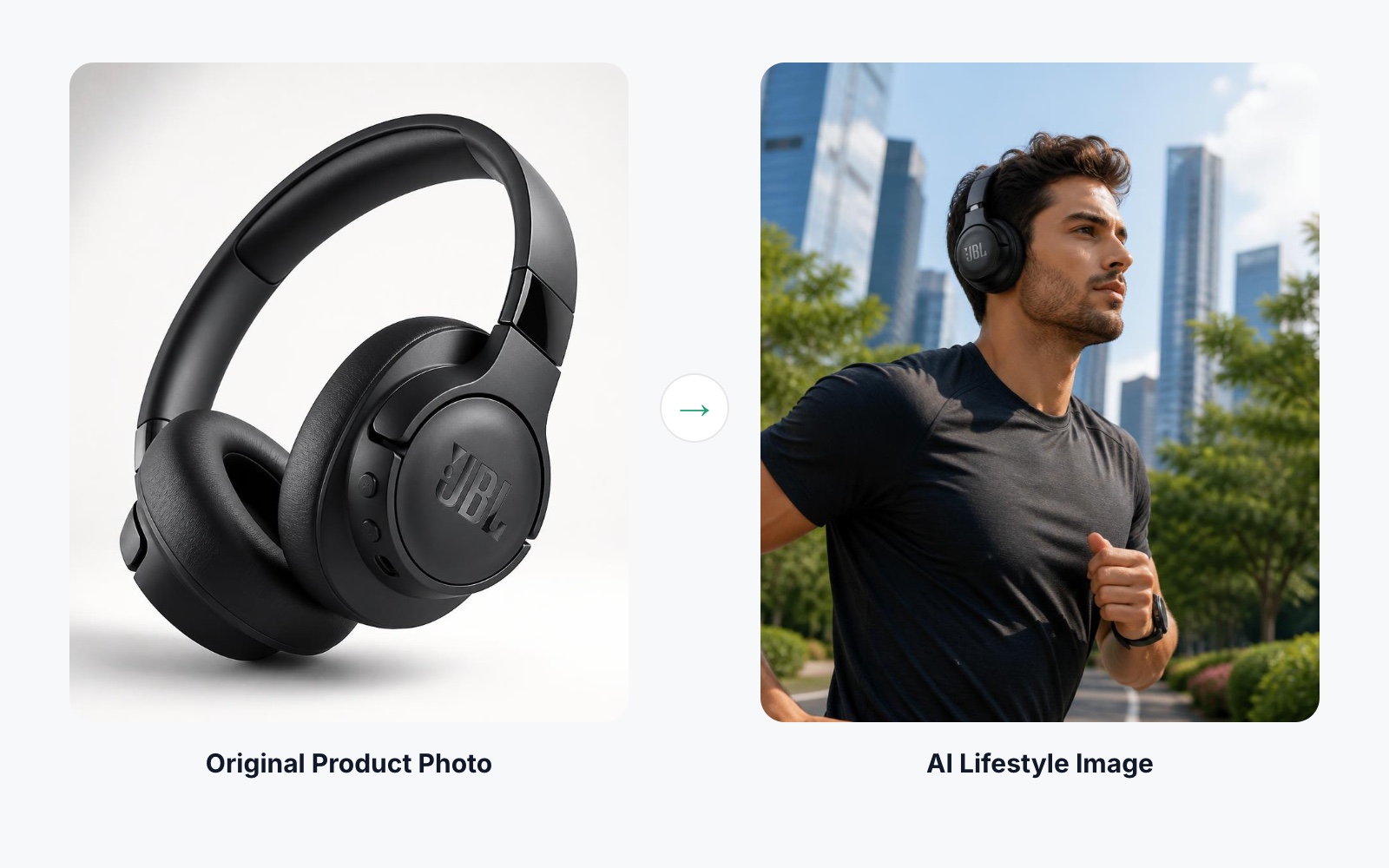 Original studio photo of wireless headphones next to an AI lifestyle image of the same headphones worn outdoors