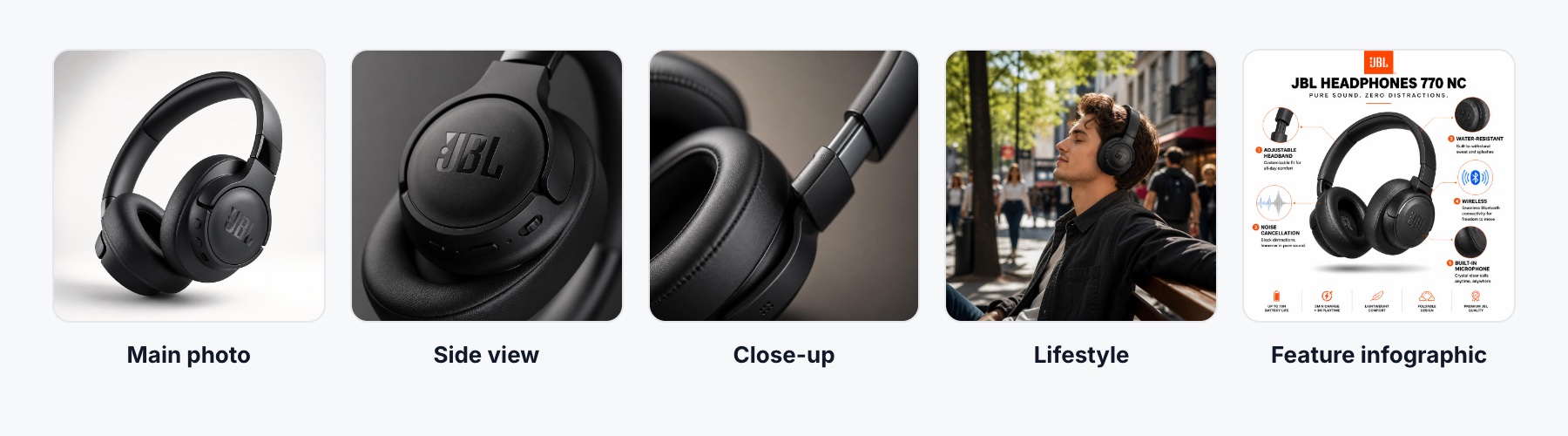 Product gallery for wireless headphones: main photo, side view, close-up, lifestyle image and feature infographic